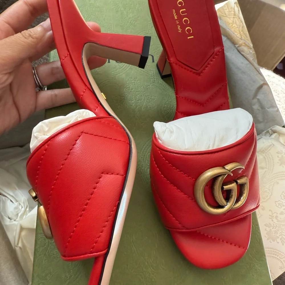 Gucci Red Quilted Leather Slide Sandals with Double G Hardware size 35 - Picture 7 of 13